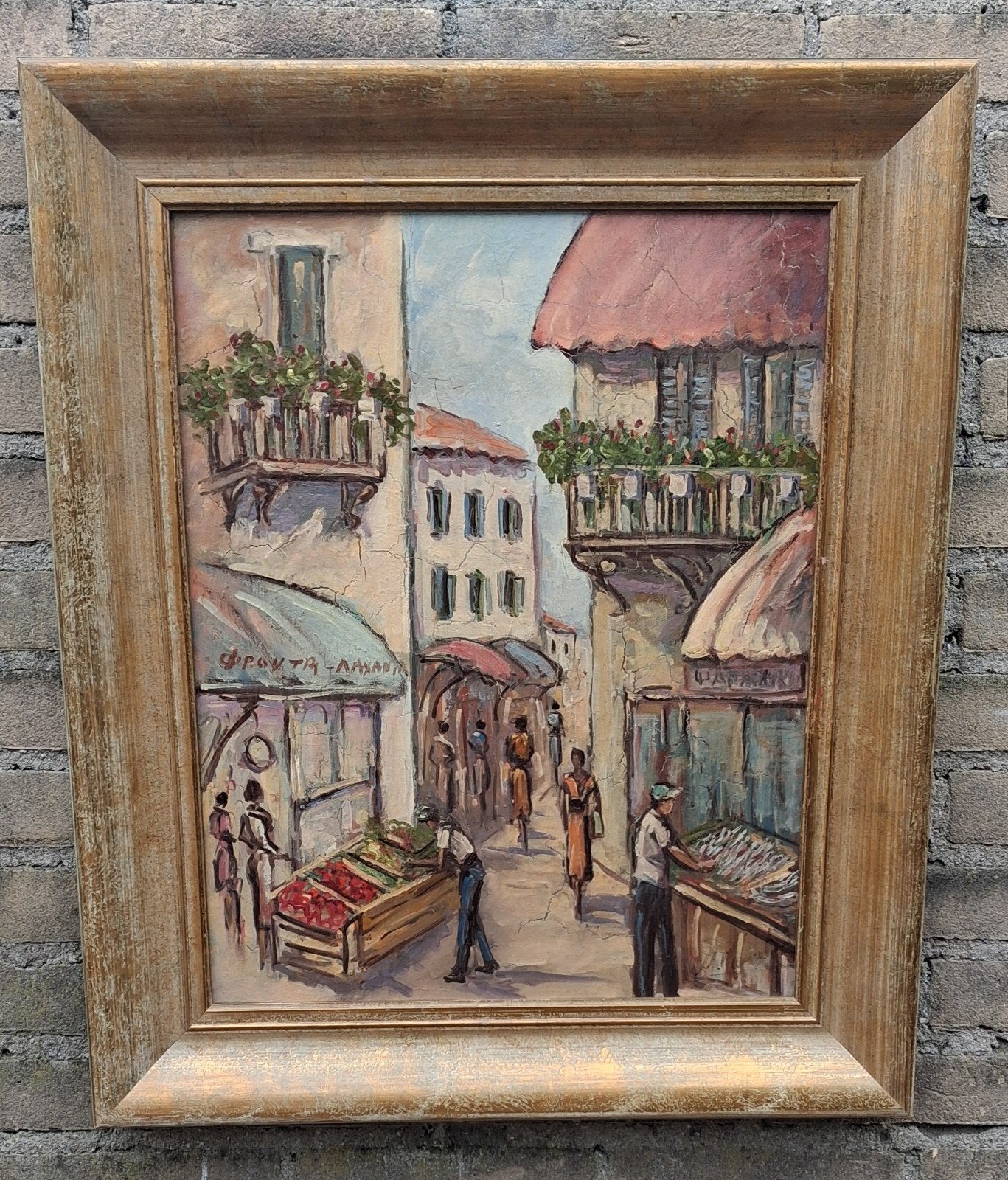 KRETA. Winkelstraat.  Olie/doek. Sign. 53/62 cm., Doek, Realistisch, Origineel werk, Ophalen of Verzenden
