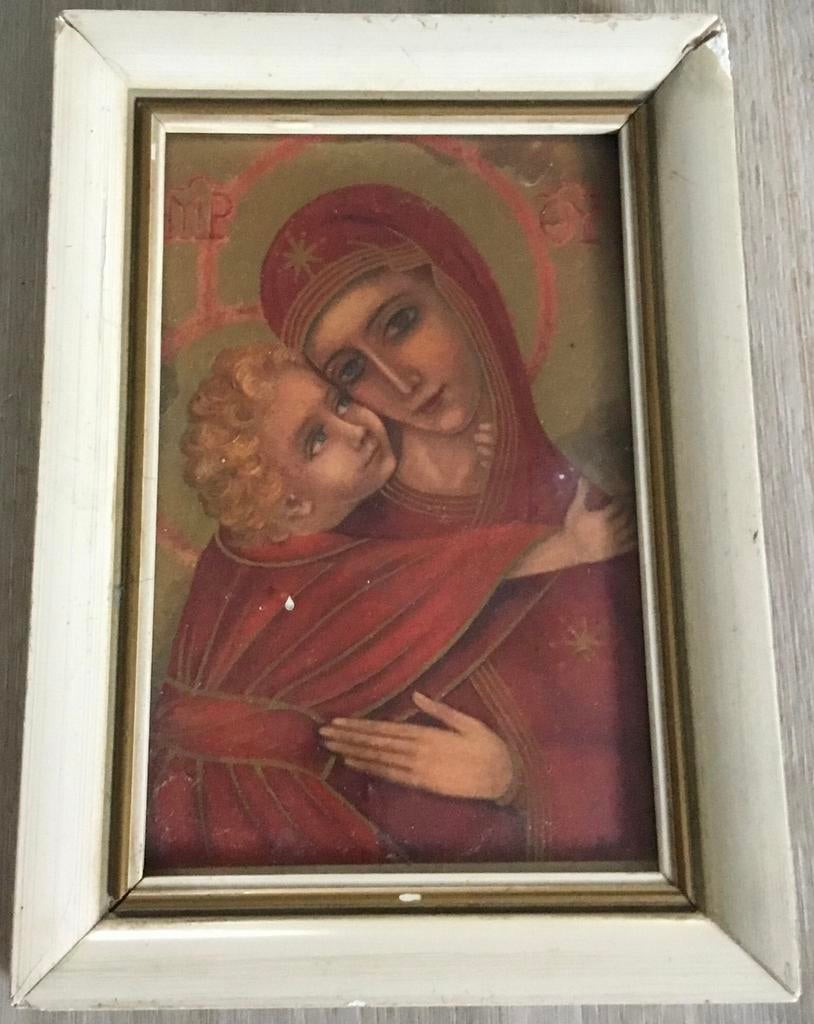 ANTIEK RELIGIEUZE PRINT IKOON MET MARIA EN JESUS, Antiek en Kunst, Kunst | Schilderijen | Klassiek, Ophalen of Verzenden