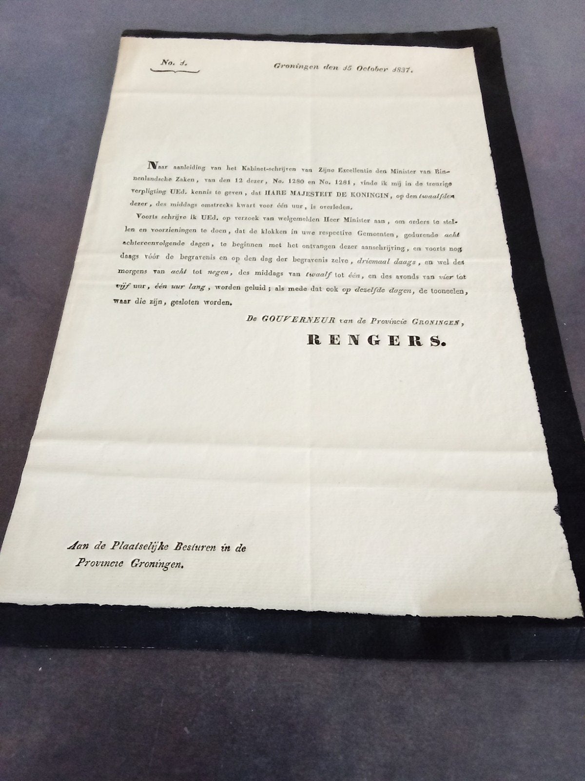 Historisch document: Overlijden Koningin Wilhelmina 1837, Ophalen of Verzenden, Zo goed als nieuw, Nederland, Kaart, Foto of Prent