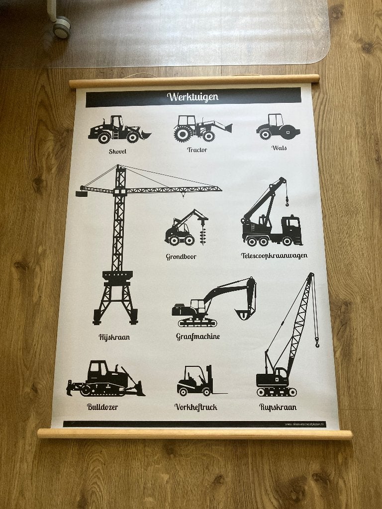 Wanddecoratie nostalgische schoolposter met werkvoertuigen, Ophalen, Zo goed als nieuw, Wanddecoratie