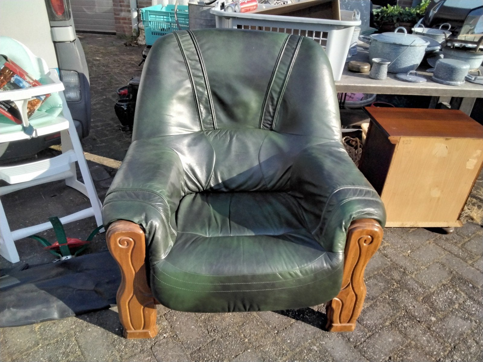 Fauteuil eik met groen leder., Huis en Inrichting, Ophalen of Verzenden, 75 tot 100 cm, 50 tot 75 cm