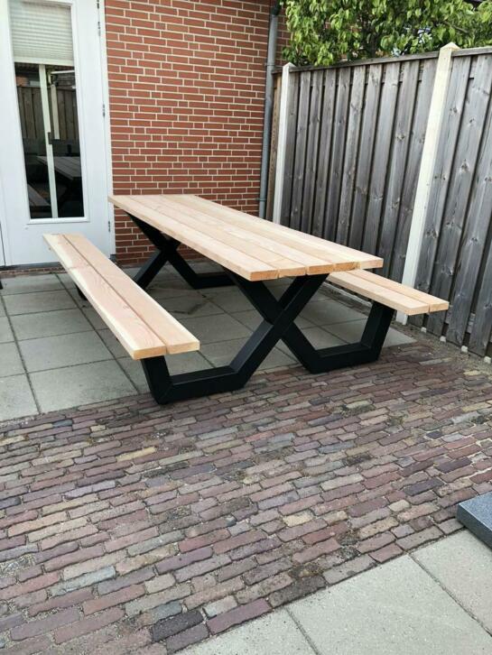 Picknicktafels stalen kruispoot met douglas hout, tuinmeubel, Tuin en Terras, Picknicktafels, Ophalen, Nieuw, Rechthoekig, Hout