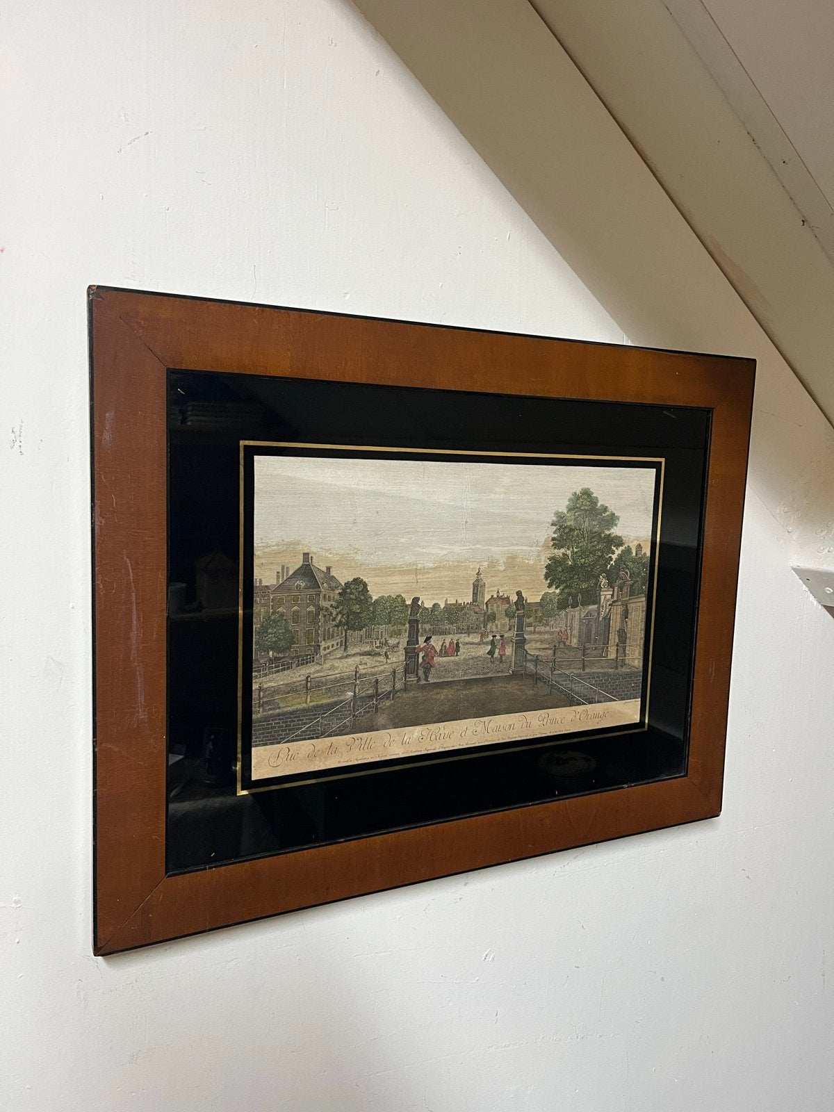 Antieke Gravure: Rue de la Ville de la Haye en Maison du Pri, Handgekleurd, Stadsgezicht, Ophalen of Verzenden, Gravure