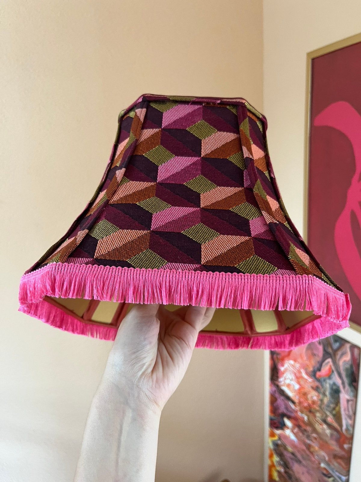 Lampenkap ouderwets modern franje taps roze, Ophalen of Verzenden, Zo goed als nieuw, Rond, Minder dan 25 cm