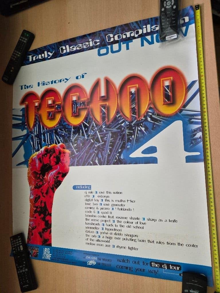 Vintage 'The History of Techno 4' Poster - Muziek, Deurposter of groter, Ophalen of Verzenden, Muziek, Rechthoekig Staand