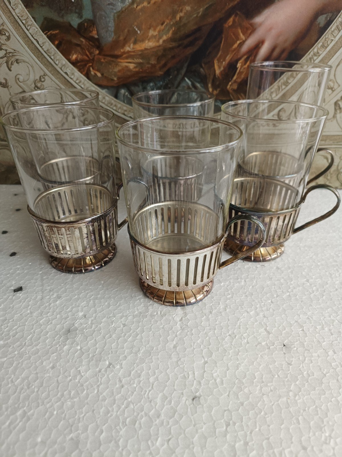 6 Douwe Egberts theeglazen in verzilverde houders, Antiek en Kunst, Ophalen of Verzenden, Zilver
