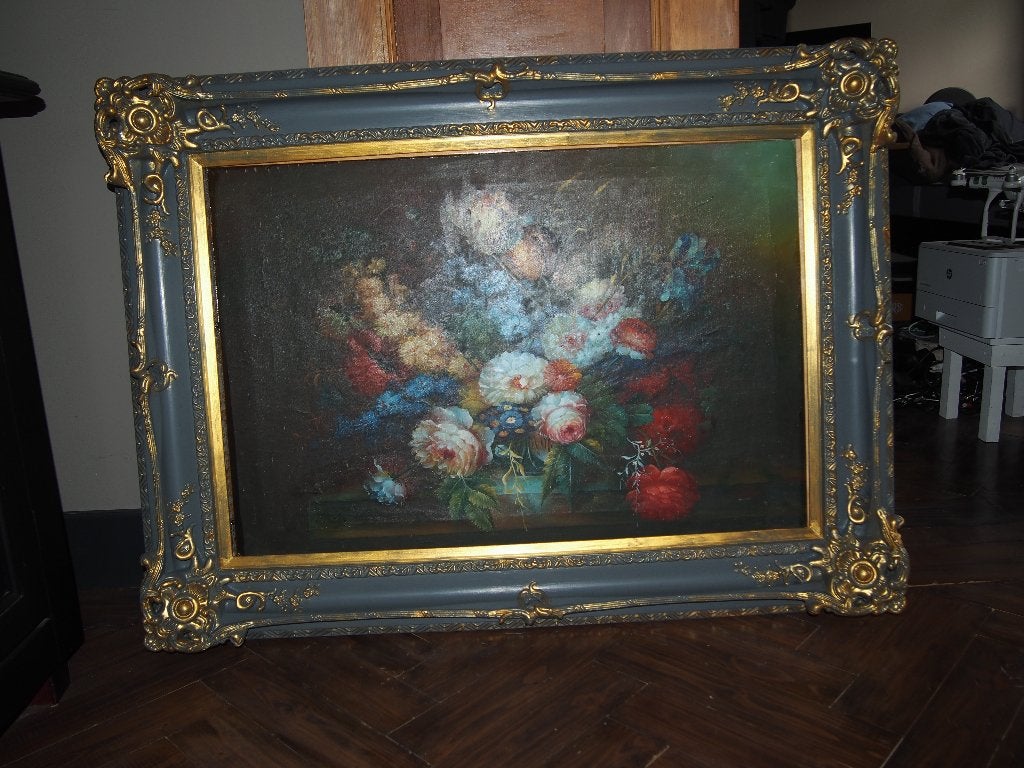 Groot schilderij met bloemen in houten lijst, Ophalen, Ingelijst, Bloemen