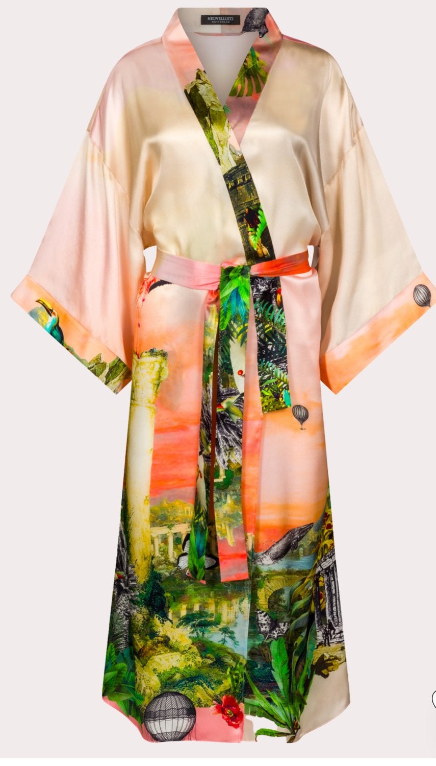 Prachtige zijden kimono/kaftan met tropische print, Ophalen of Verzenden, Nieuw
