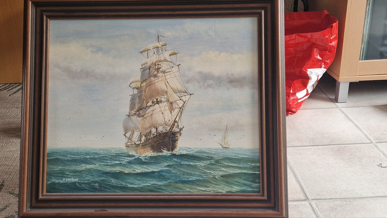 Maritieme nostalgie. 70x60 cm. Schilderij van A. Verkerk - Z, Antiek en Kunst, Ophalen of Verzenden, Oud hollands, Olieverf