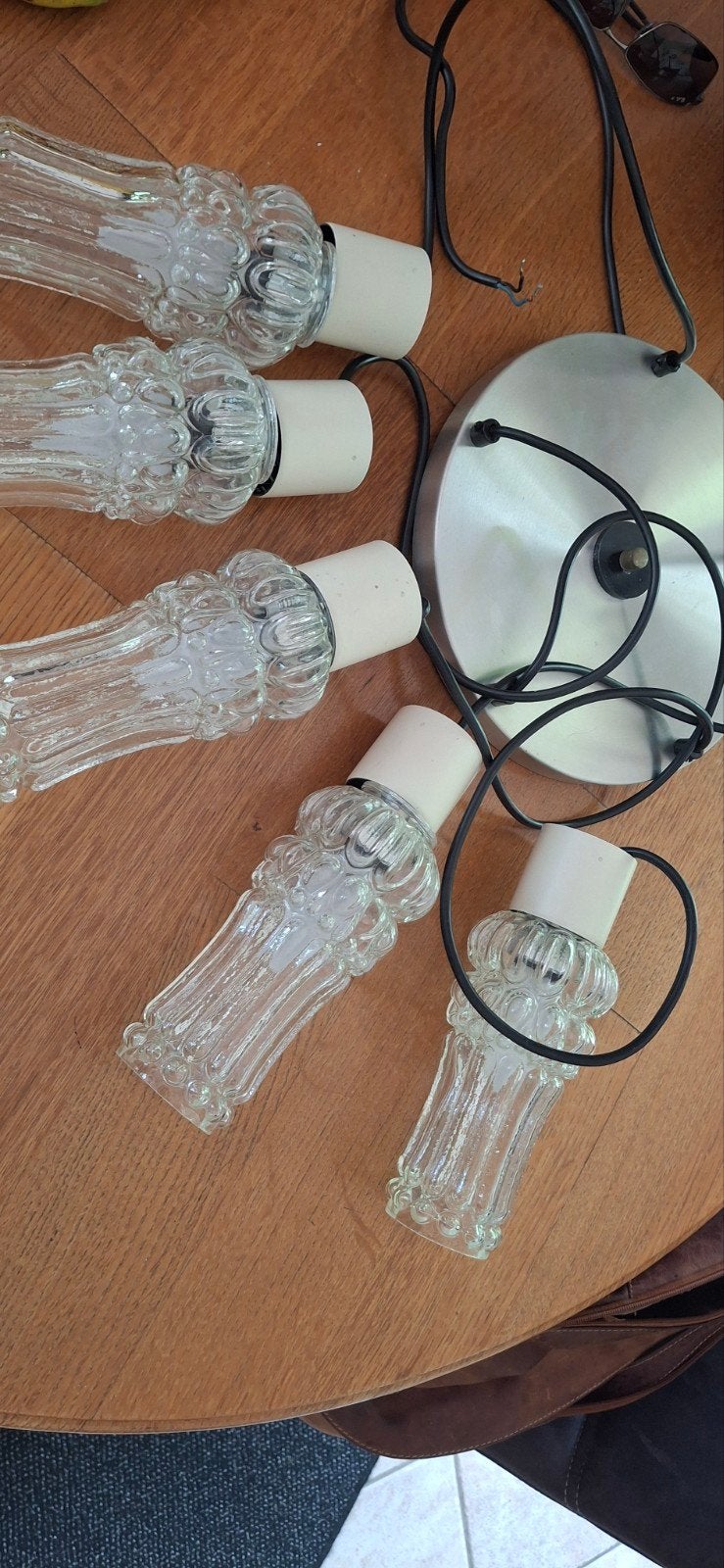 Vintage oude Kroonluchter  hanglamp 5 Glazen Lampen bakeliet, Ophalen of Verzenden, Gebruikt, Glas, Vintage, Retro