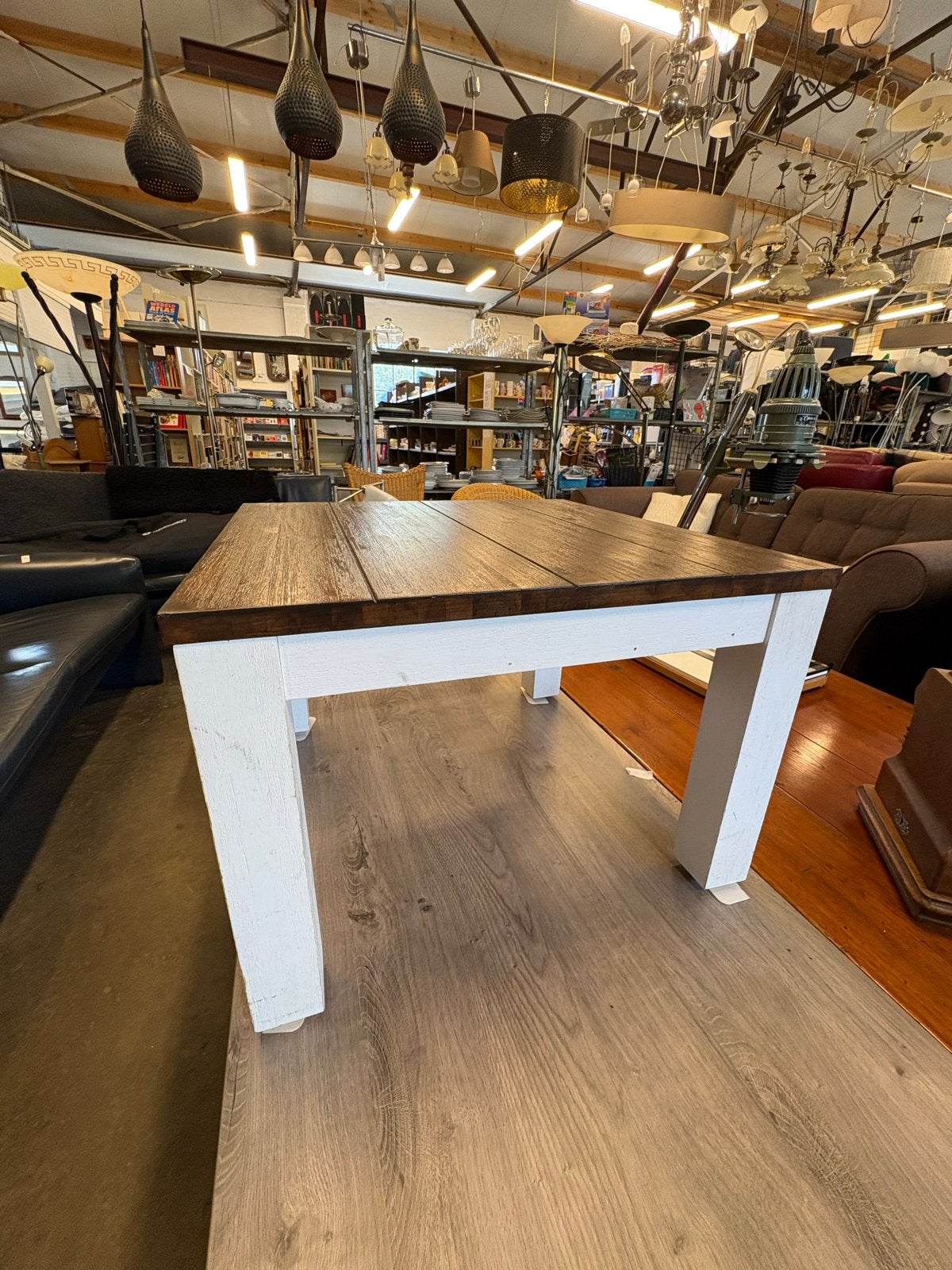 Salontafel met wit onderstel en houten blad, Ophalen, Gebruikt, 50 tot 100 cm, Overige houtsoorten