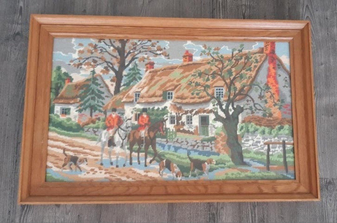 gratis Handgeborduurd Herfstlandschap met Boerderij & Ruiter, Antiek en Kunst, Ophalen of Verzenden
