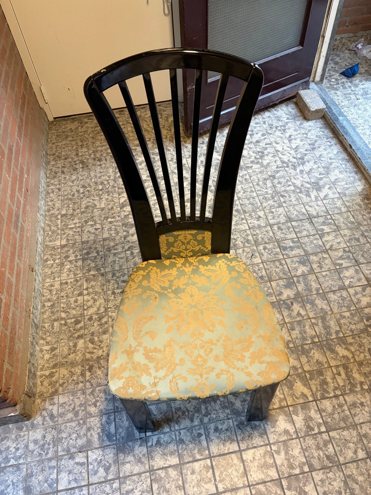 4 eetkamerstoelen met barokprint, Ophalen, Zwart, Zo goed als nieuw, Vier