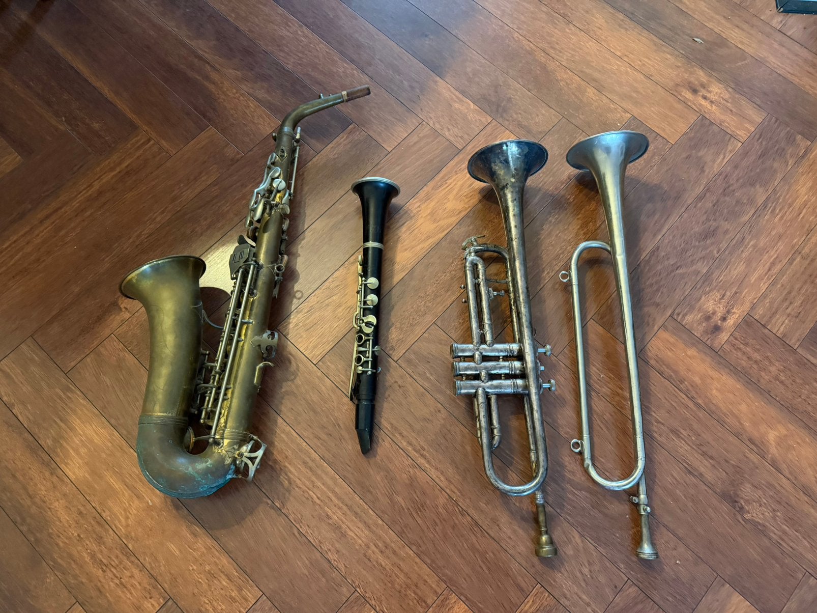 Te koop partij van 2 trompetten 1 saxofoon en 1 fluit!, Muziek en Instrumenten, Blaasinstrumenten | Saxofoons, Ophalen, Gebruikt