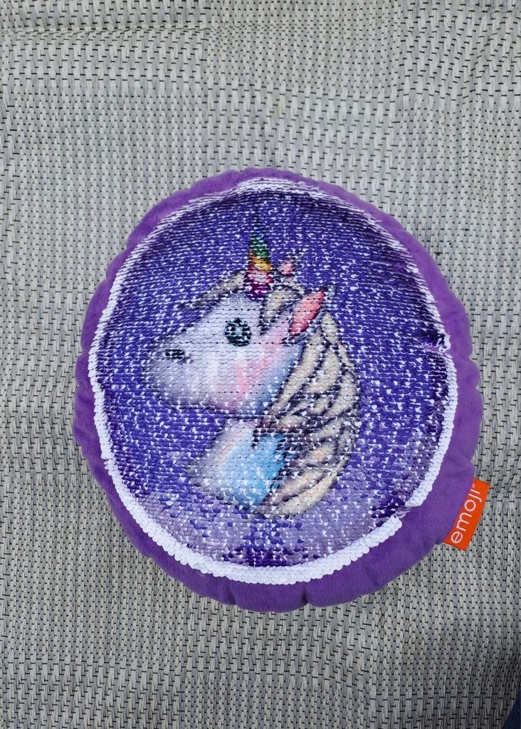 Emoji eenhoorn unicorn kussen omkeerbare wrijf pailletten, Ophalen of Verzenden, Zo goed als nieuw, Paars, Rond