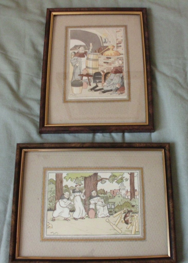 Franse twee prentje van klooster humor., Antiek en Kunst, Kunst | Litho's en Zeefdrukken, Met glas, Ophalen of Verzenden, Personages en Fantasiefiguren