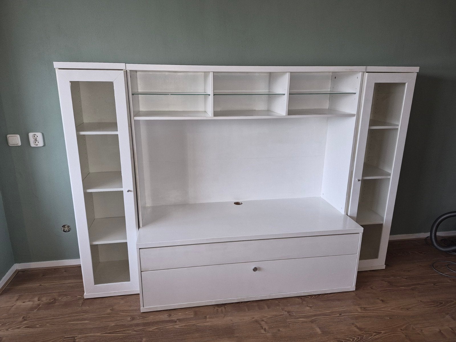 Witte TV-kast met twee losse vitrines en lades, Ophalen, Gebruikt, Glas, 200 cm of meer