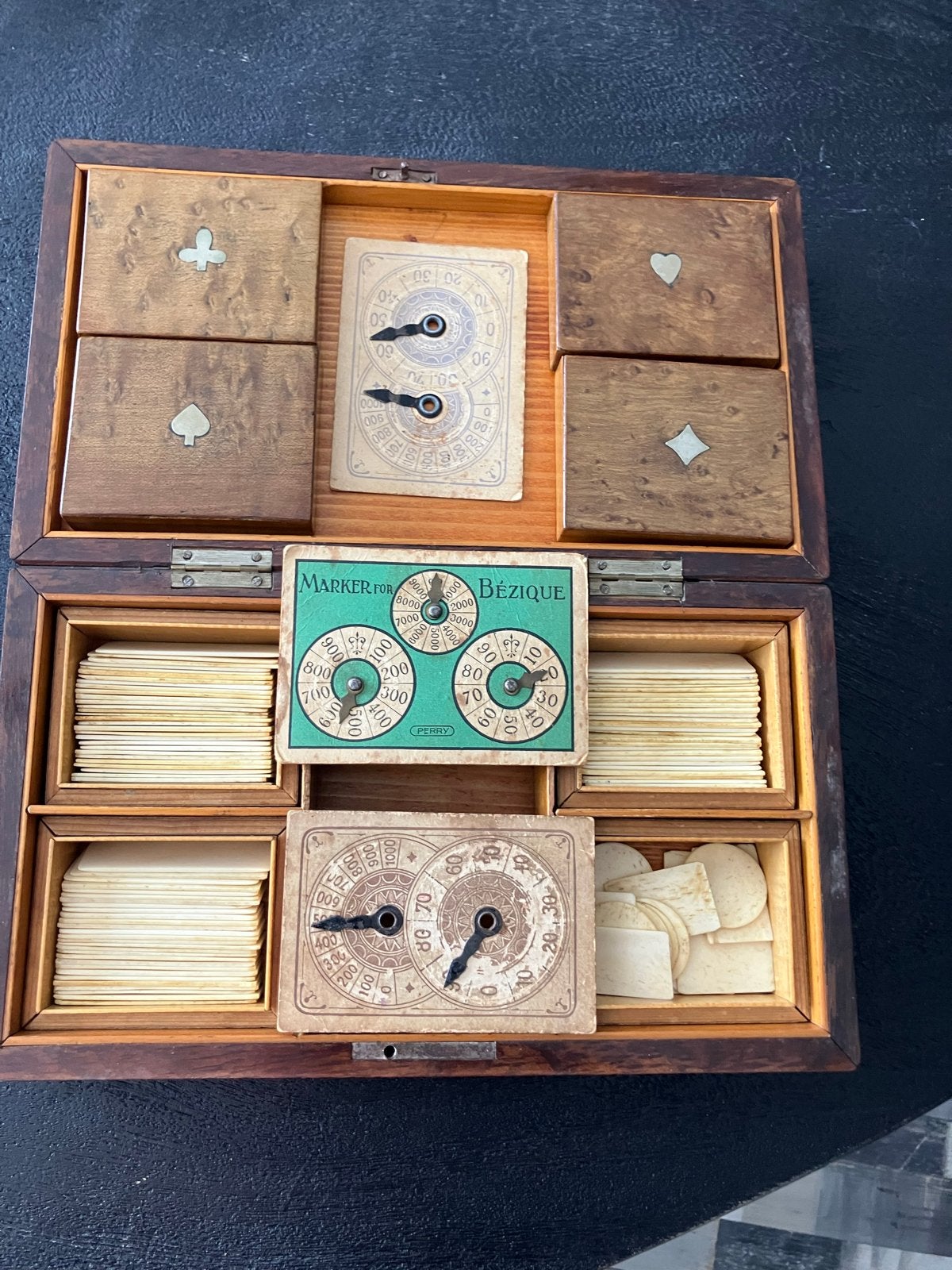 Antieke Bésique speldoos met scoretellers, Ophalen of Verzenden, Gebruikt