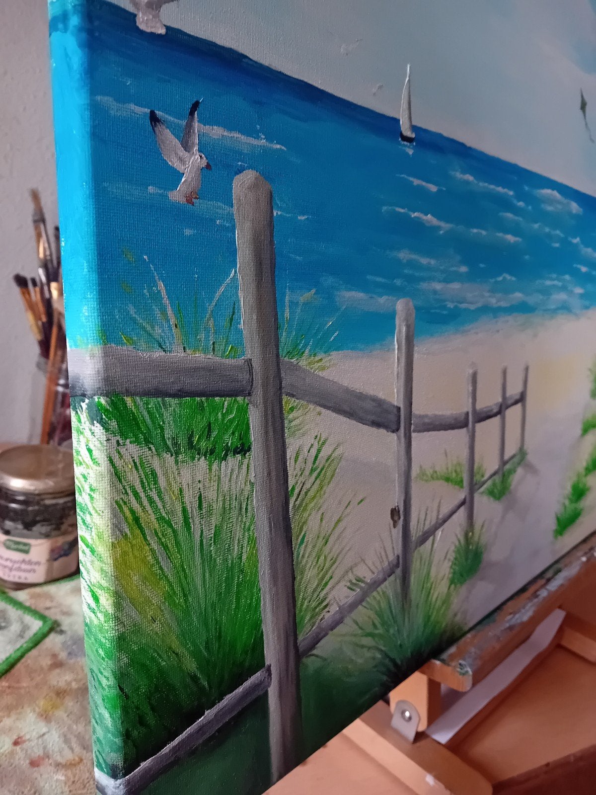 Schilderij: Strandgezicht met meeuwen en hek, Antiek en Kunst, Ophalen of Verzenden