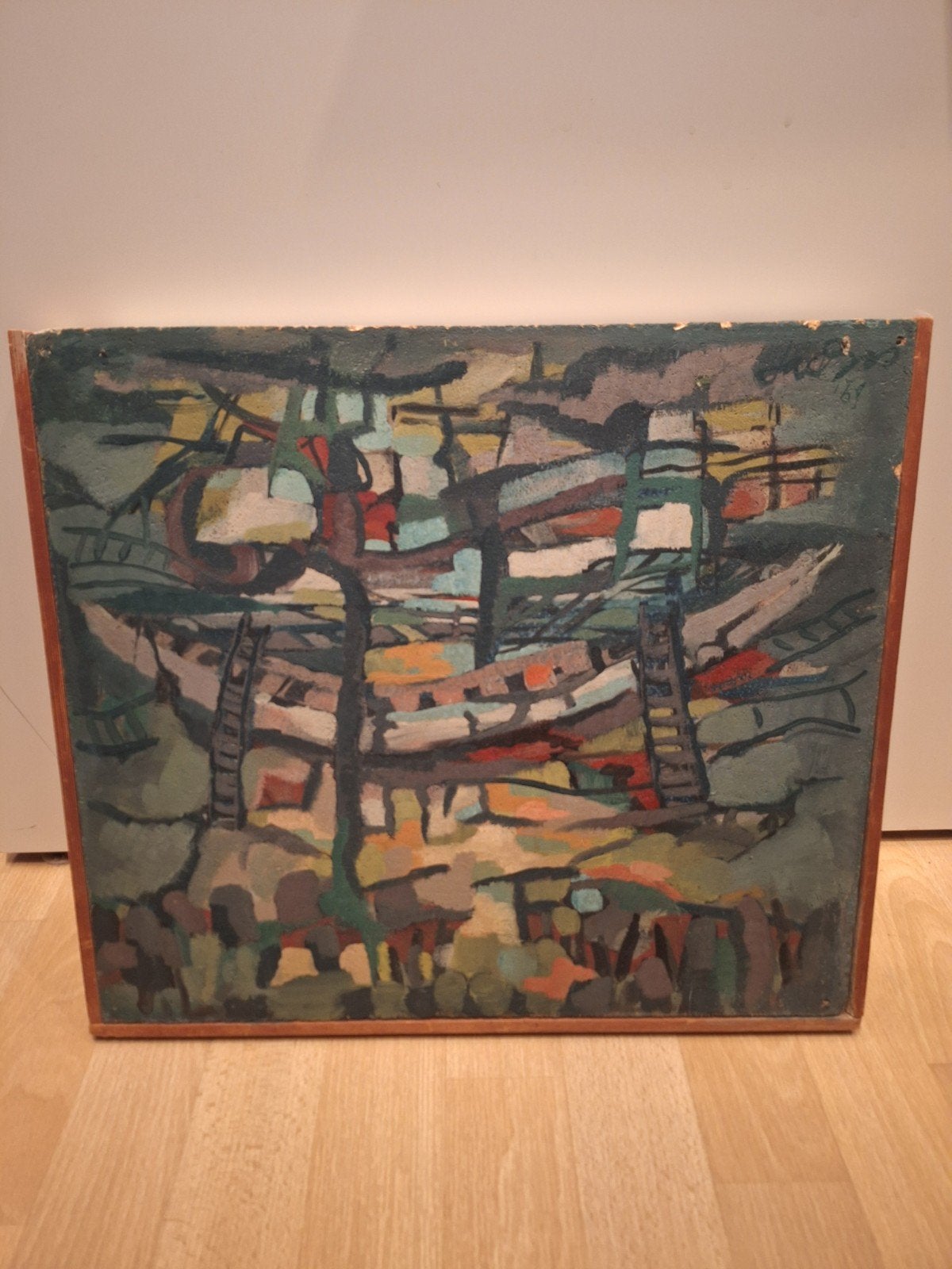 Olieverf Schilderij 'De Treinramp' door J. Bos (1961), Ophalen of Verzenden, Ingelijst, Olieverf, Hout