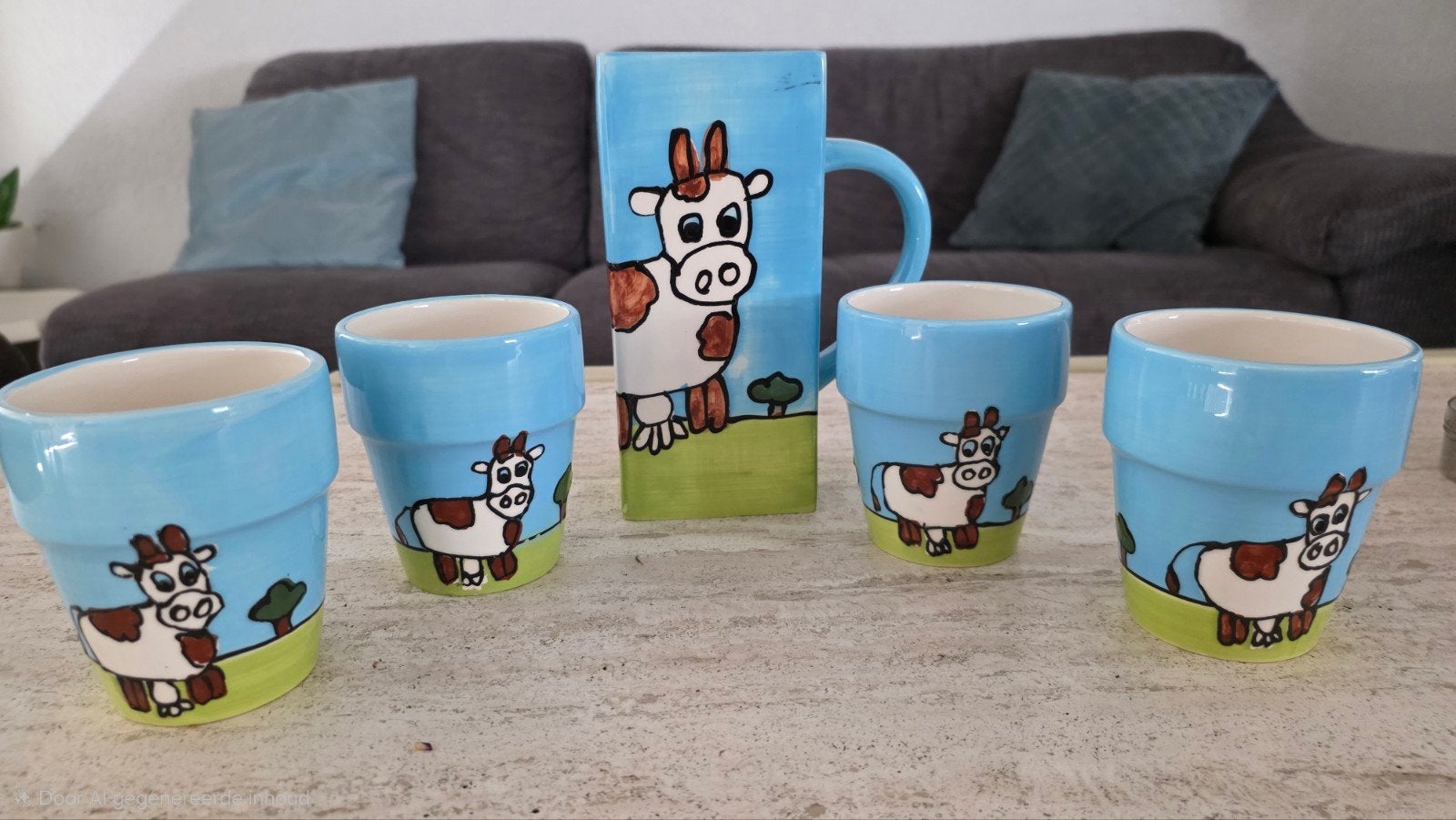 Kan met 4 mokken - aardewerk, Antiek en Kunst, Antiek | Keramiek en Aardewerk, Ophalen of Verzenden
