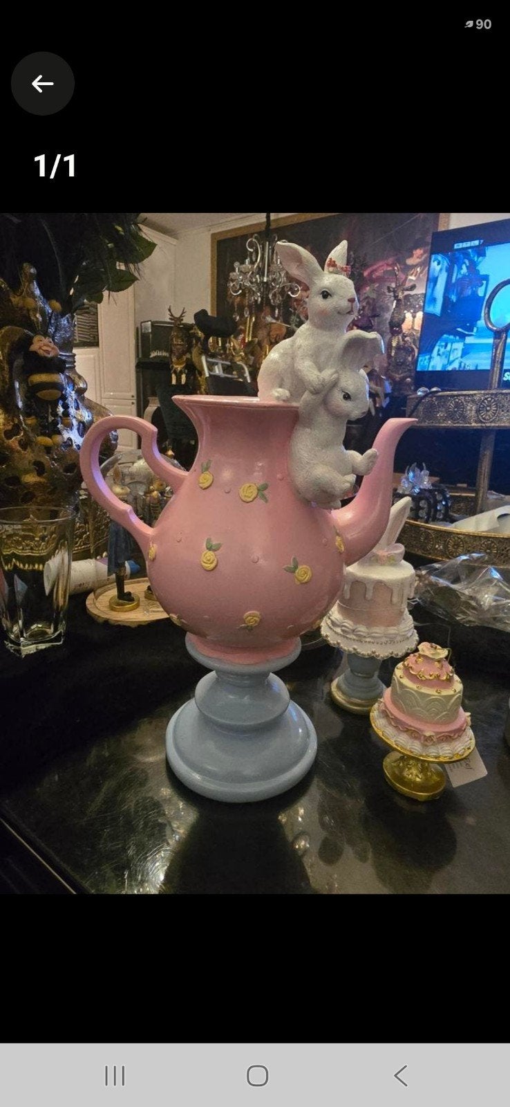Decoratieve theepot met konijnen - Roze/Blauw, Gebruikt, Meerkleurig, Overige stijlen, Ophalen of Verzenden