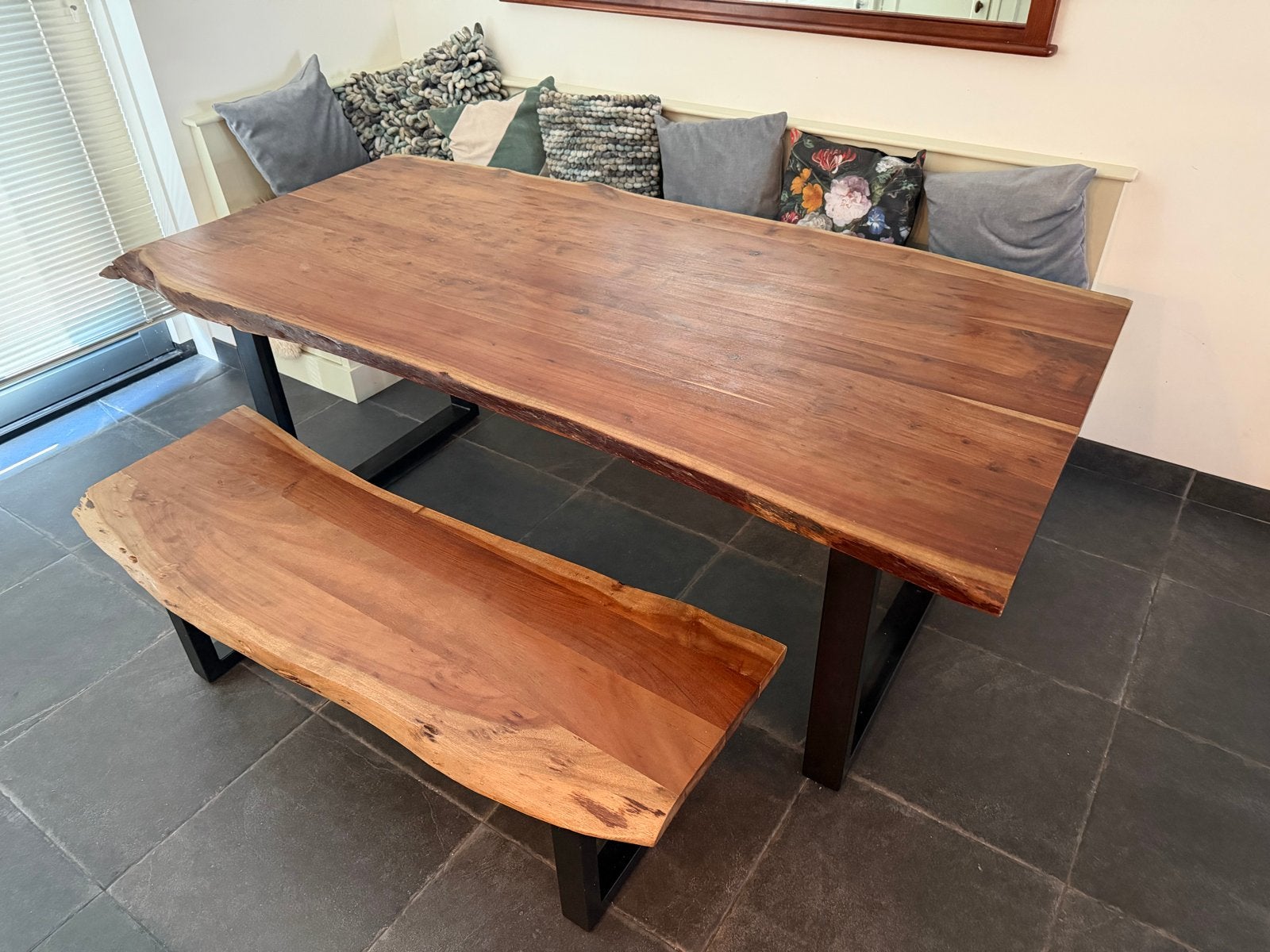 Boomstamtafel met bankje van massief hout, Huis en Inrichting, Tafels | Eettafels, Ophalen, Eikenhout, 50 tot 100 cm, 150 tot 200 cm