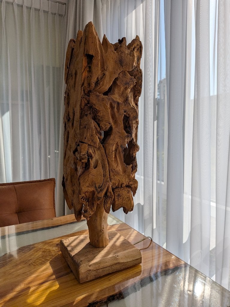 Houten tafel lamp, Ophalen, Met schakelaar, E27 (groot), 40 cm