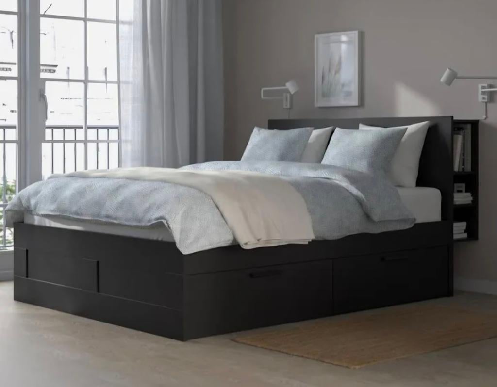 IKEA Brimnes bed 160x200 met lades en opberger, Huis en Inrichting, Slaapkamer | Bedden, Ophalen, Zwart, Tweepersoons, 200 cm