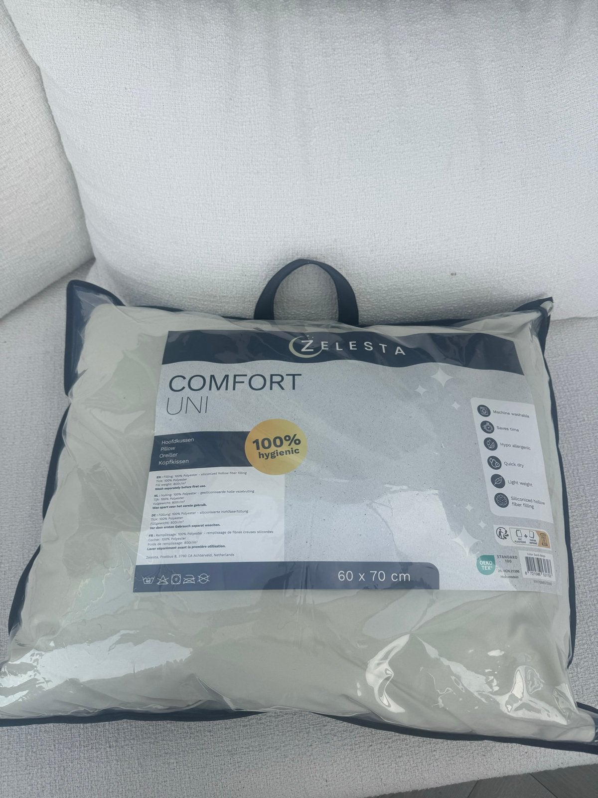 Zelesta Comfort Wasbaar & Aanpasbaar Hoofdkussen Zandbeige, Anti-allergisch, Eenpersoons, Beige, Nieuw