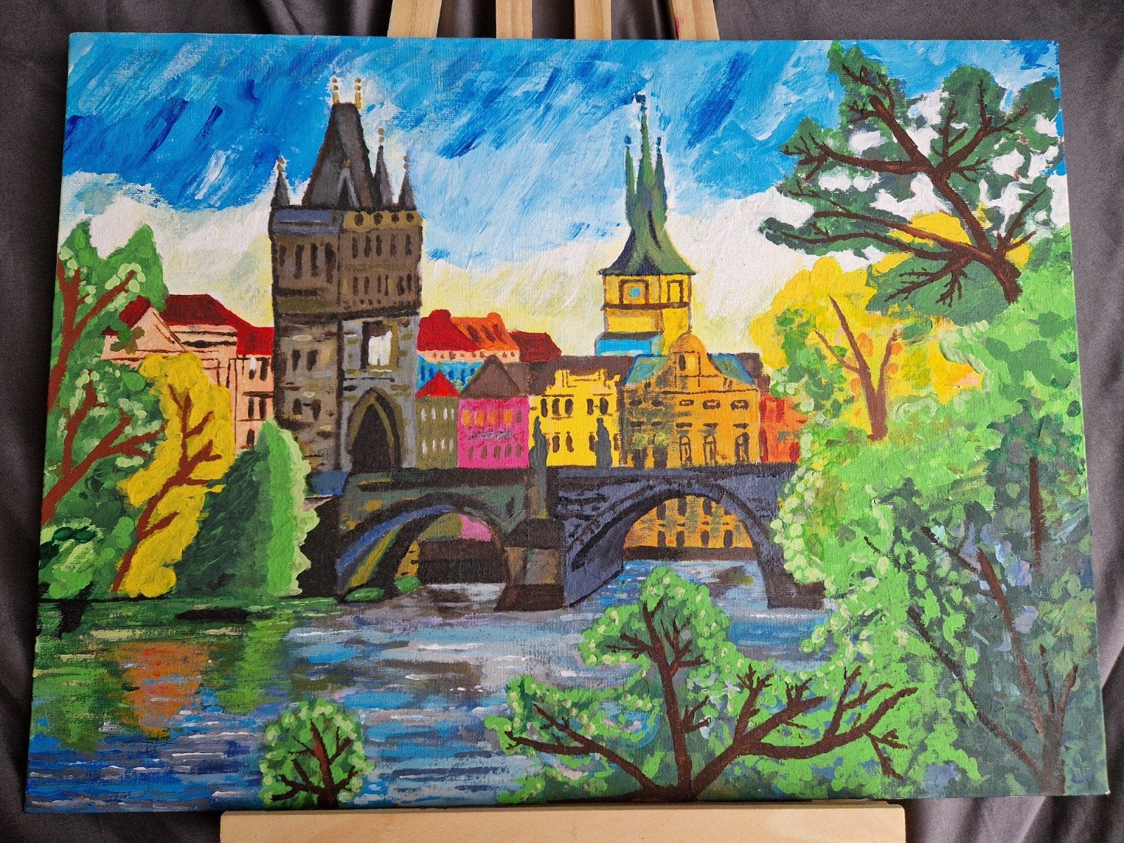 Kleurrijk acryl schilderij Praag - Karelsbrug 40x30 cm, Antiek en Kunst, Acrylverf, Handgeschilderd, Ophalen of Verzenden, Overige materialen