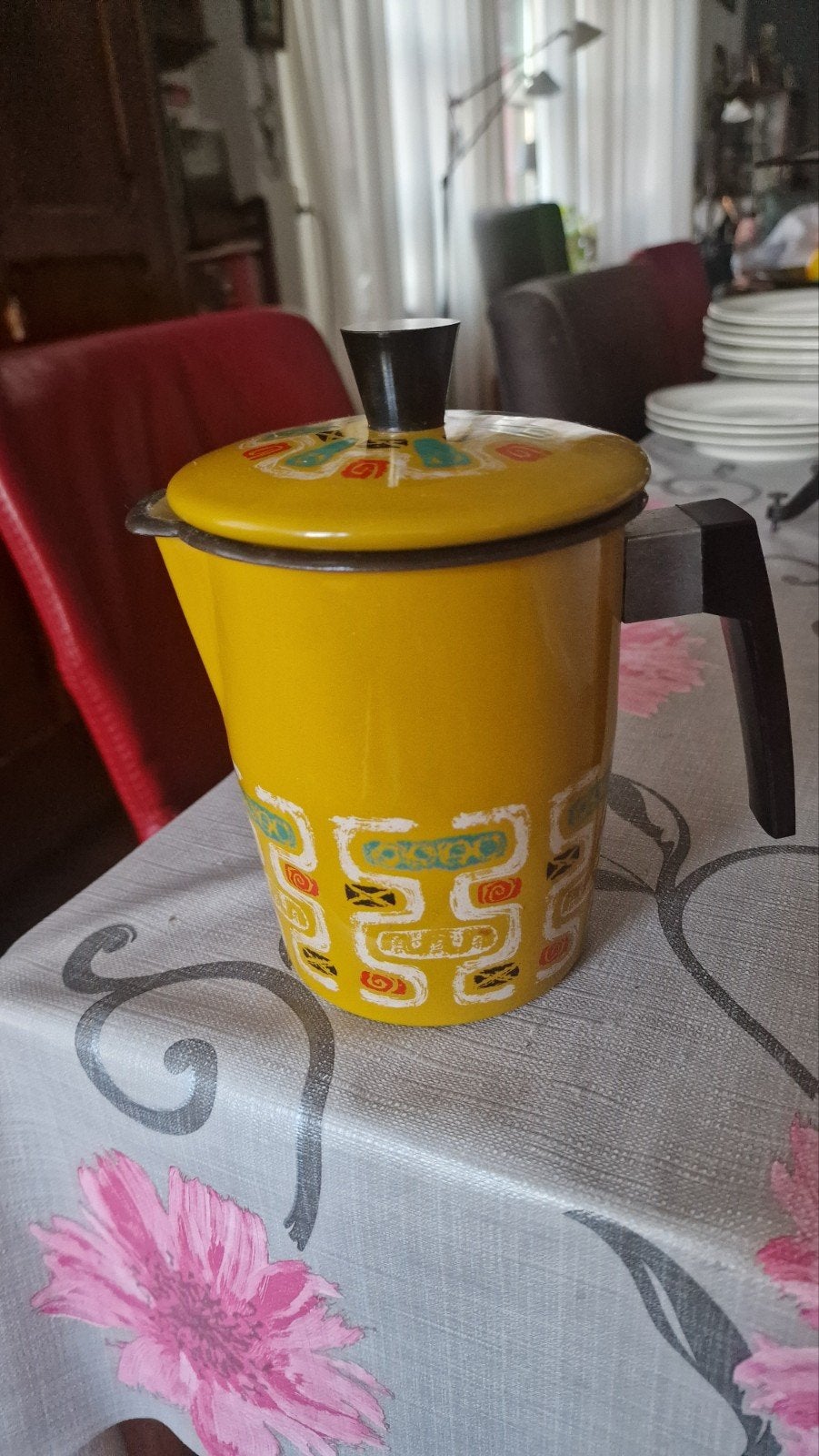 Vintage emaille kan - Geel met retro patroon - Gaaf, Ophalen of Verzenden