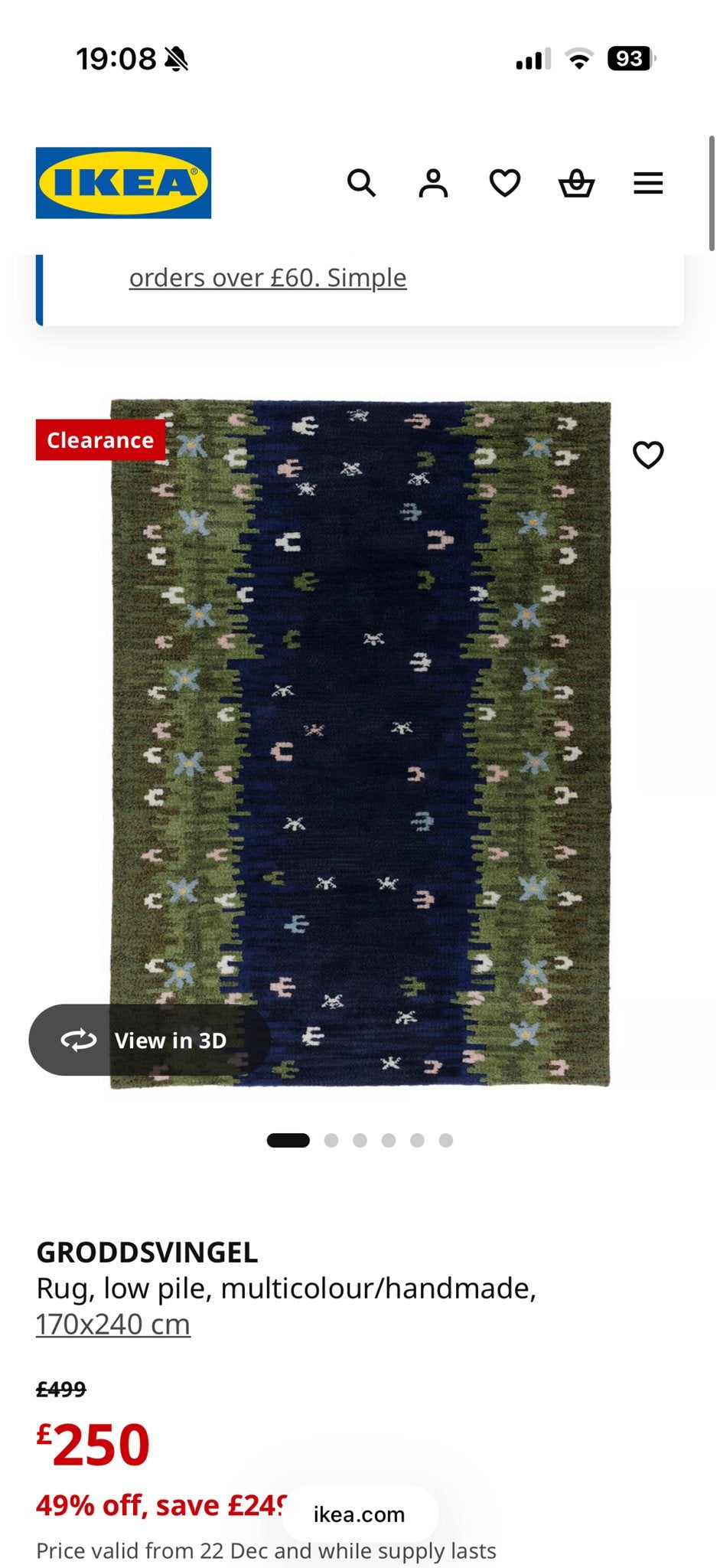 IKEA GRODDSVINGEL vloerkleed 170x240 cm (Zo goed als nieuw), Ophalen, Blauw, 150 tot 200 cm, 200 cm of meer