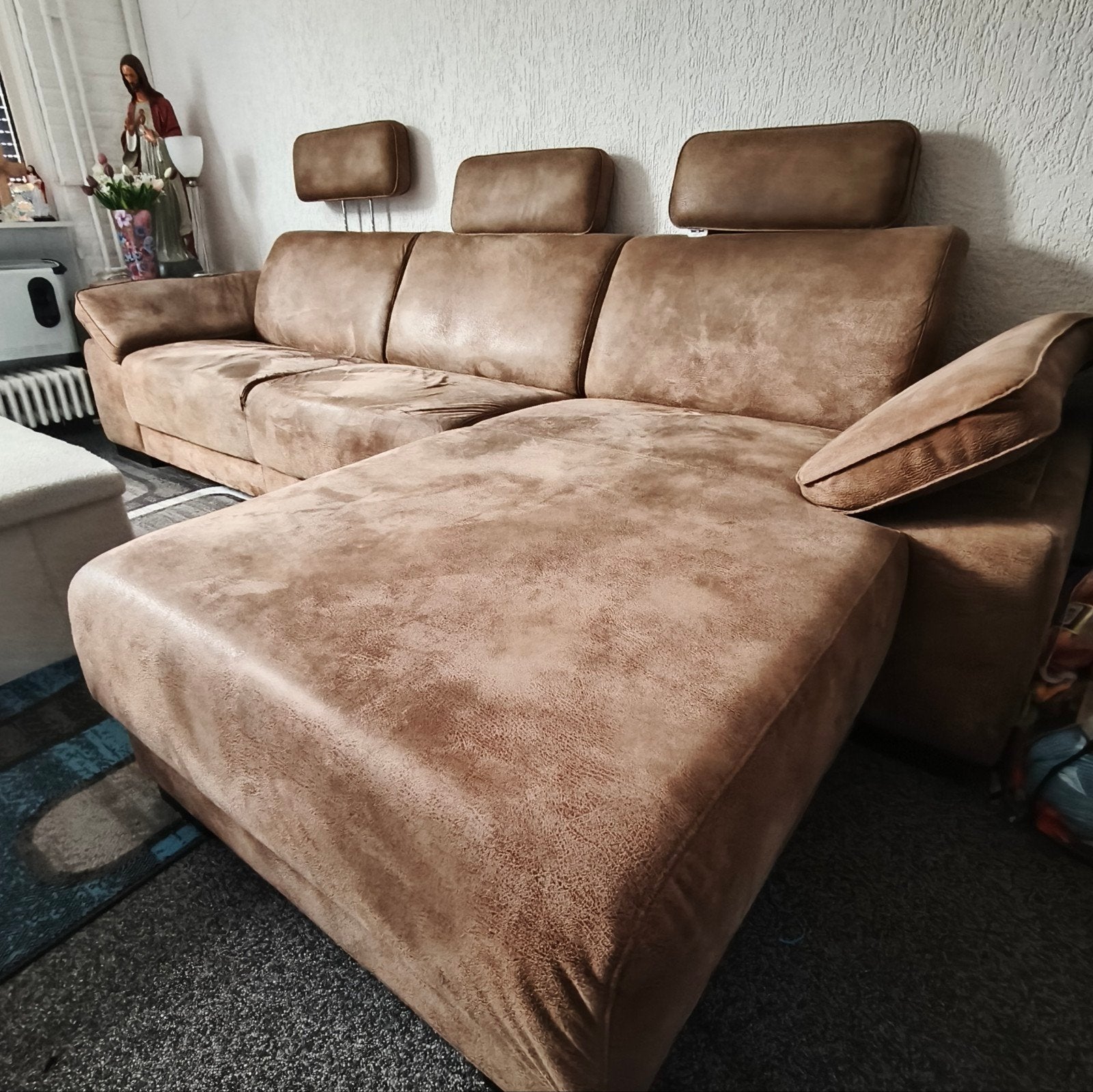 Mooie 3 zits bank met lounge lederlook, Ophalen, Gebruikt, 75 tot 100 cm