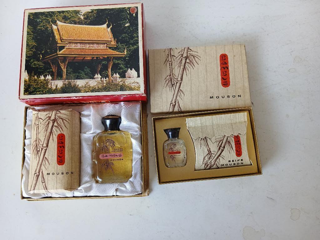 2 VINTAGE geschenkverpakkingen Mouson Bambus eau de, Verzenden, Nieuw, Parfumfles, Gevuld