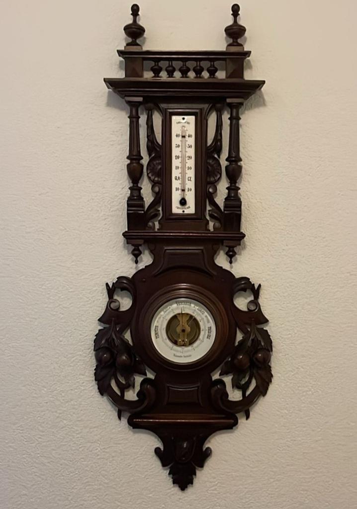 Antieke Barometer met Thermometer - Houtsnijwerk, Ophalen, Gebruikt, Barometer