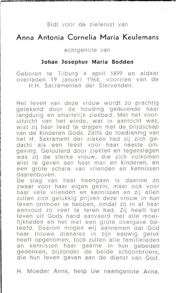 Keulemans Anna 1899 Tilburg 1964, Ophalen of Verzenden, Bidprentje