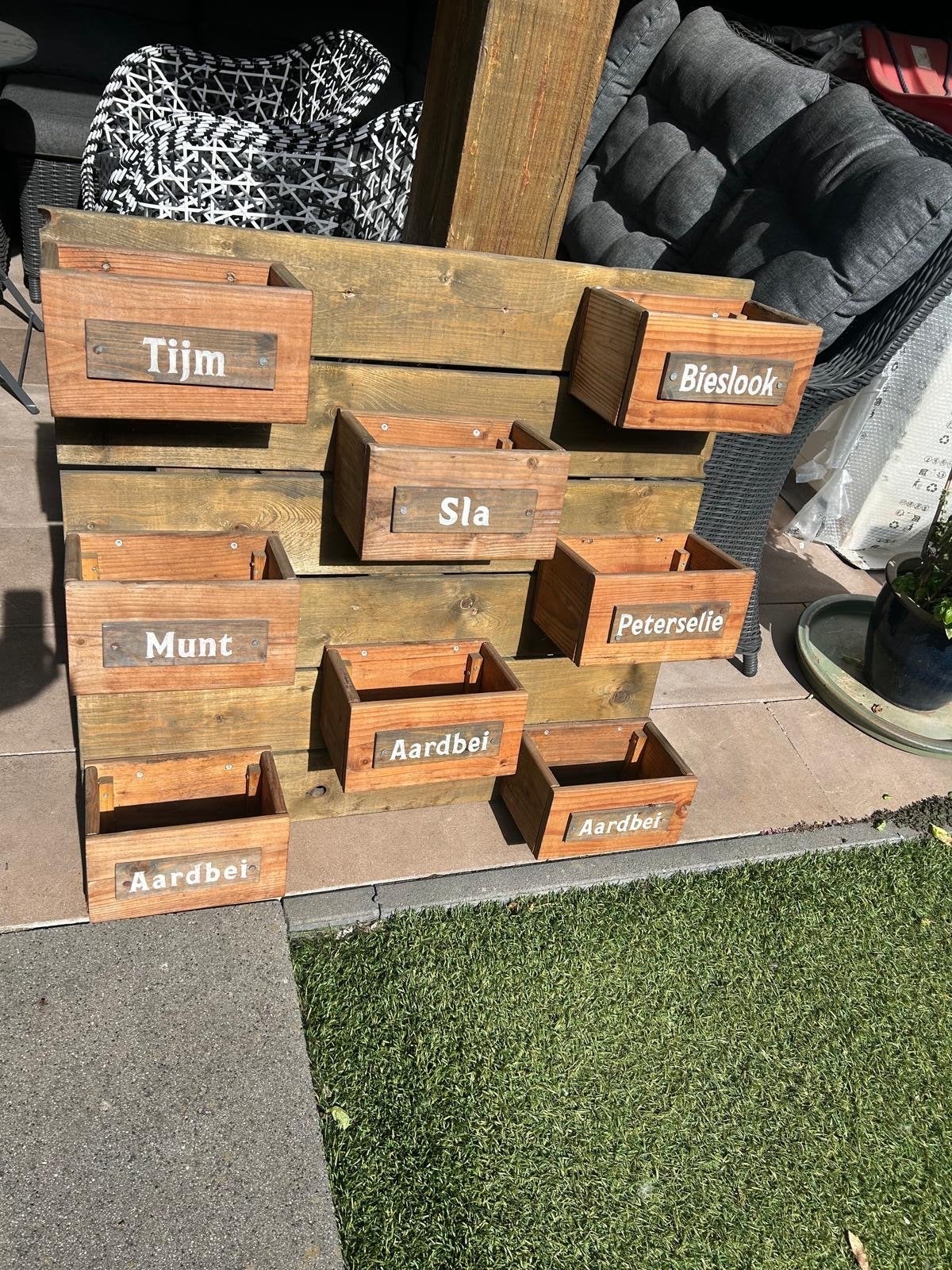 Kruiden en fruit rek van hout met 8 plantenbakjes, Ophalen, Gebruikt, Binnen, 60 tot 100 cm
