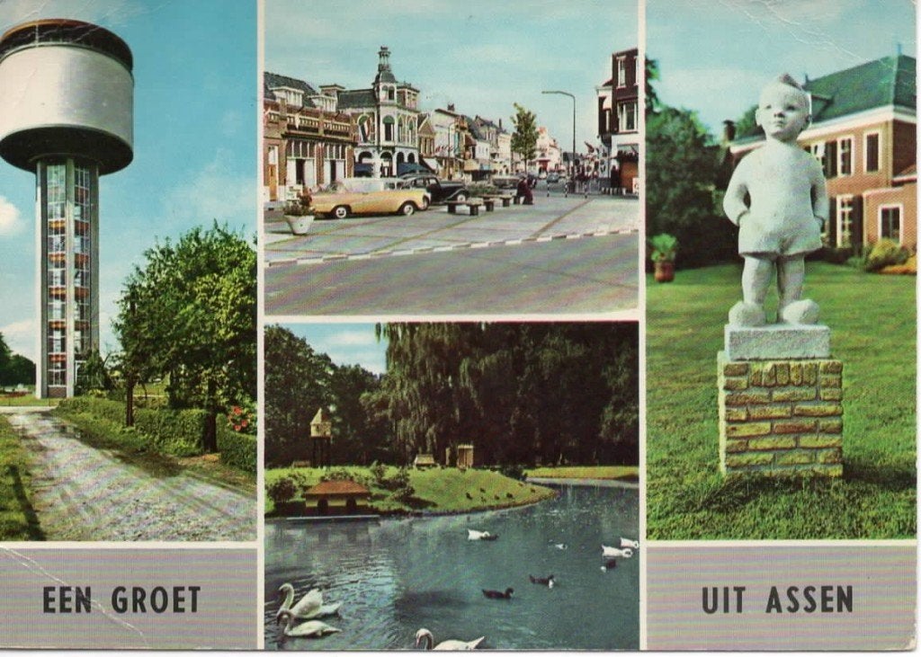 Ansichtkaart Assen, 4-luik, watertoren, Bartje, vijver, Ophalen of Verzenden, 1980 tot heden, Gelopen, Drenthe
