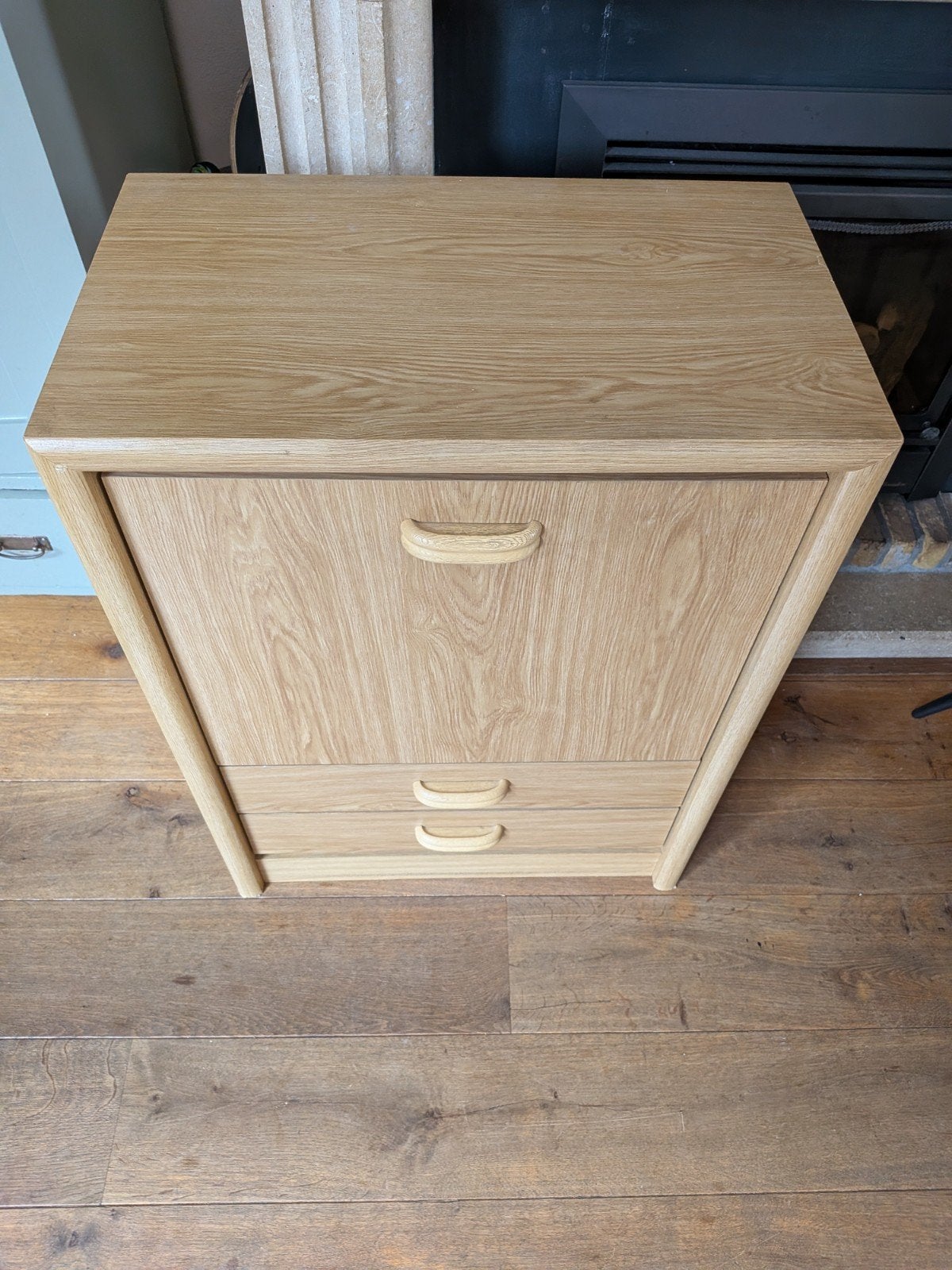 Nette eikenhouten secretaire / opbergkast met klep en lades, Ophalen