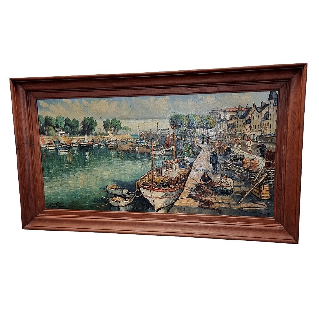 Georges Robert Mabille havengezicht in olieverf op doek, Ophalen, Maritiem / water, Doek, Gedateerd