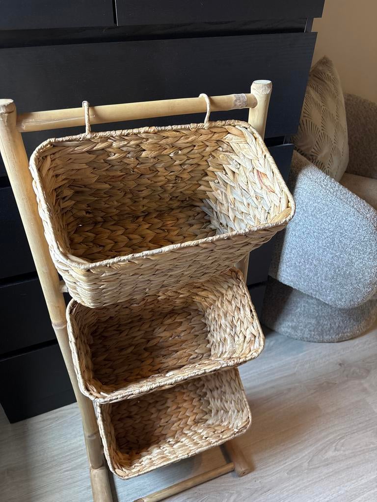 Bamboe Opbergrek met 3 Manden, Ophalen, Gebruikt, Beige, Landelijk