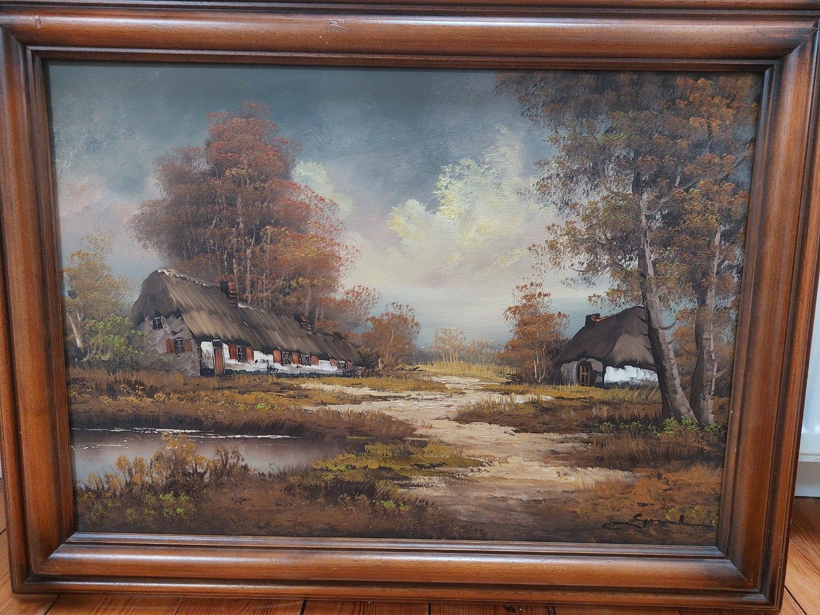 Olieverfschilderij Landschap met boerderijen, gesigneerd, Ophalen of Verzenden