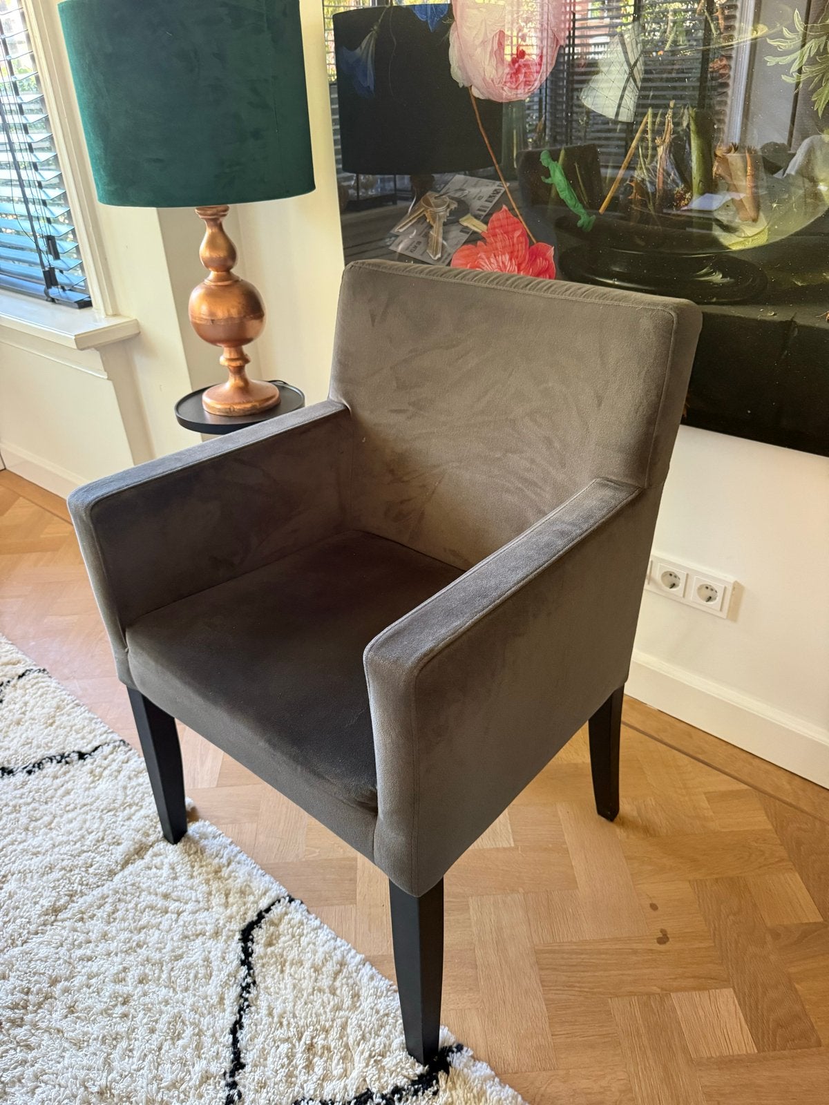 4 Woood Jasmijn stoelen, donkergrijs velvet, Huis en Inrichting, Stoelen, Ophalen, Gebruikt, Vier, Stof