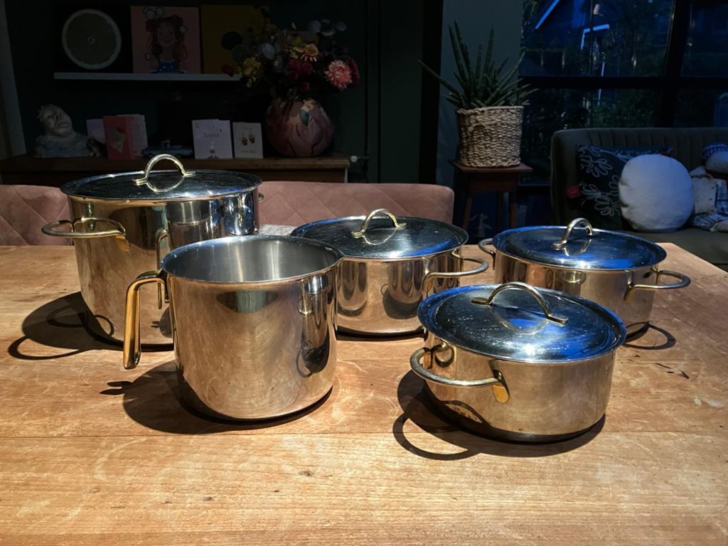 Pannenset van Sigg 5 delig voor gas, Ophalen, Gebruikt, Rvs, Pannenset