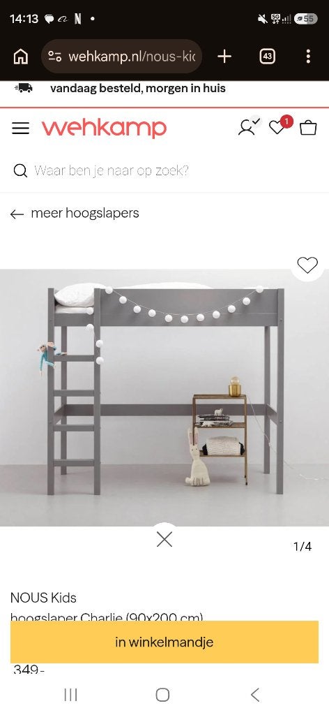 Zo goed als nieuwe hoogslaper 90x200 cm (incl. matras), Ophalen, Zo goed als nieuw, Hoogslaper