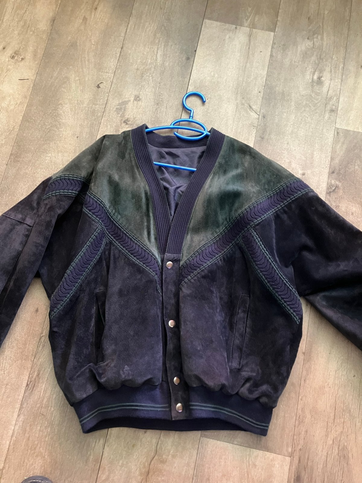 Vintage suède bomberjack - Donkerblauw met groen, Ophalen of Verzenden, Gedragen, Maat 56/58 (XL), Blauw