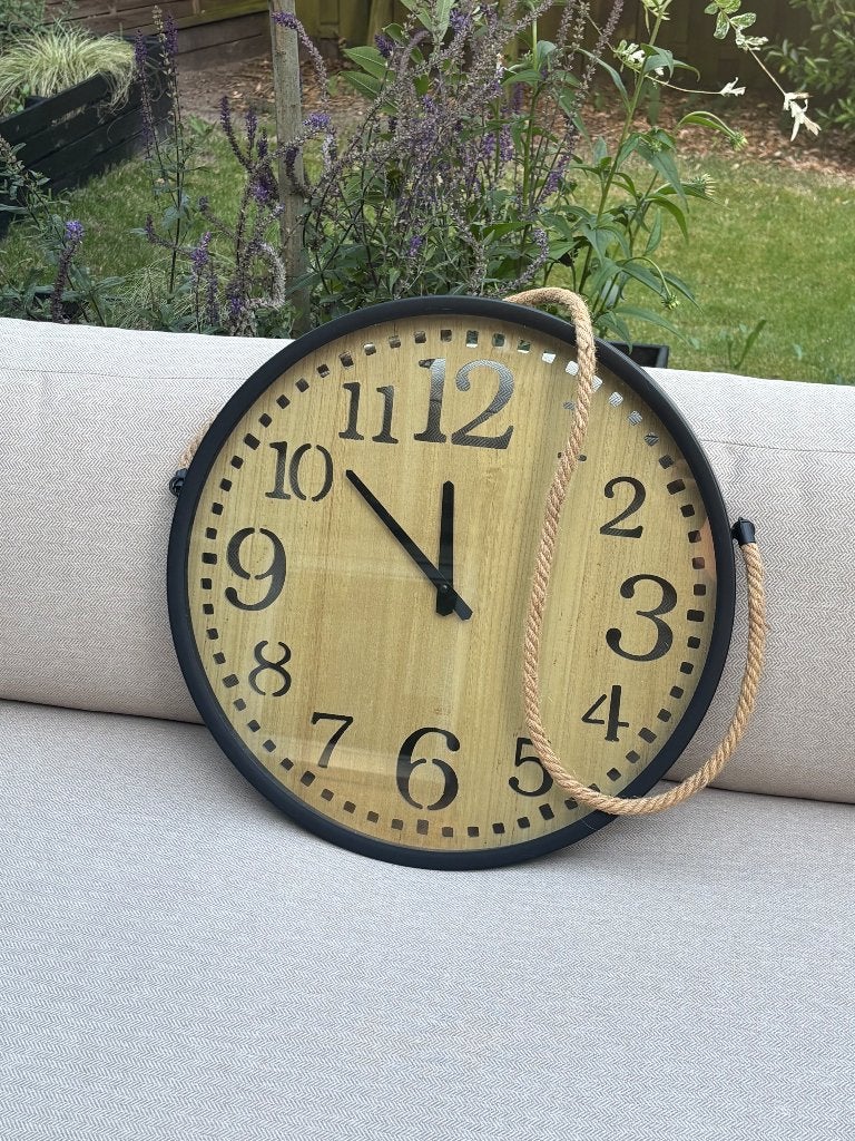 Industriële klok met touw 48 cm, Huis en Inrichting, Woonaccessoires | Klokken, Ophalen, Wandklok, Analoog, Werkt op batterijen