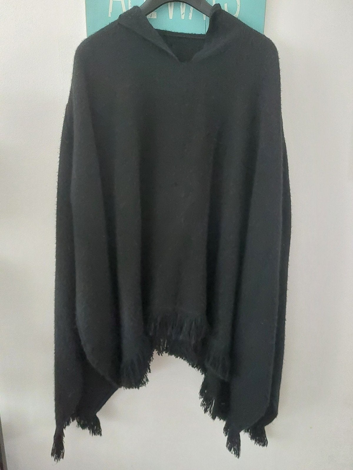 Vintage Wollen Dames Poncho - Zwart, Onbekend, Ophalen of Verzenden, Zo goed als nieuw, Zwart