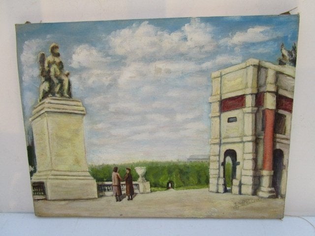 Naief olieverf schilderij Place du Carrousel Parijs Signeerd, Ophalen, Op houten frame, Stadsgezicht